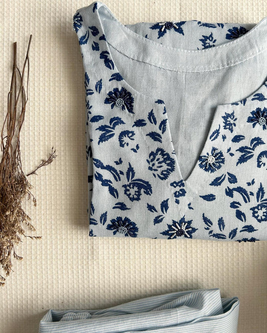 Chalk Blue Floral Kurta Set