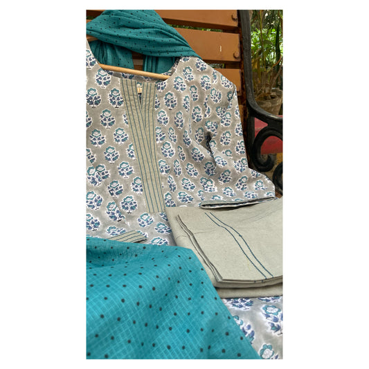 The Grey and Teal Flora HandBlock-Print Kurta Set