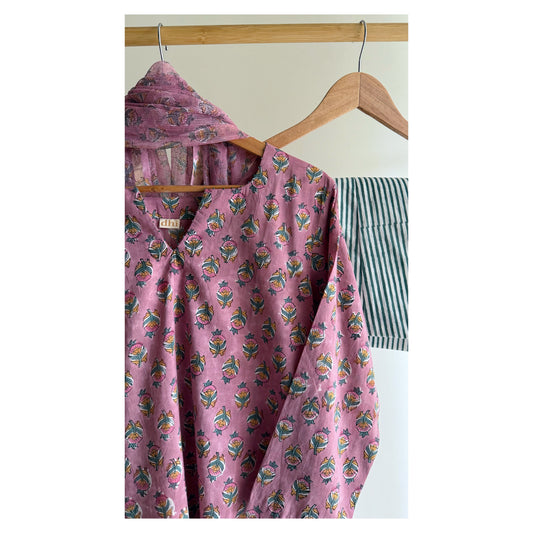 Mauve Butti & Green Stripe Hand block Printed Set