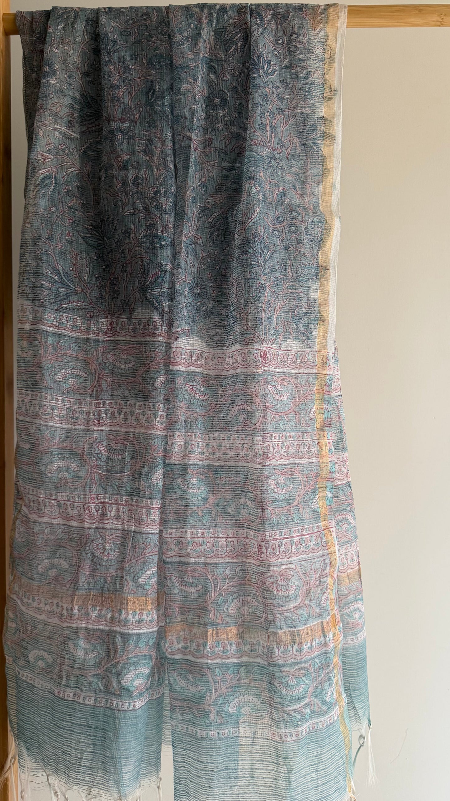 Turquoise Mukaish Chanderi Kurta Set with Hand-Block Print Dupatta