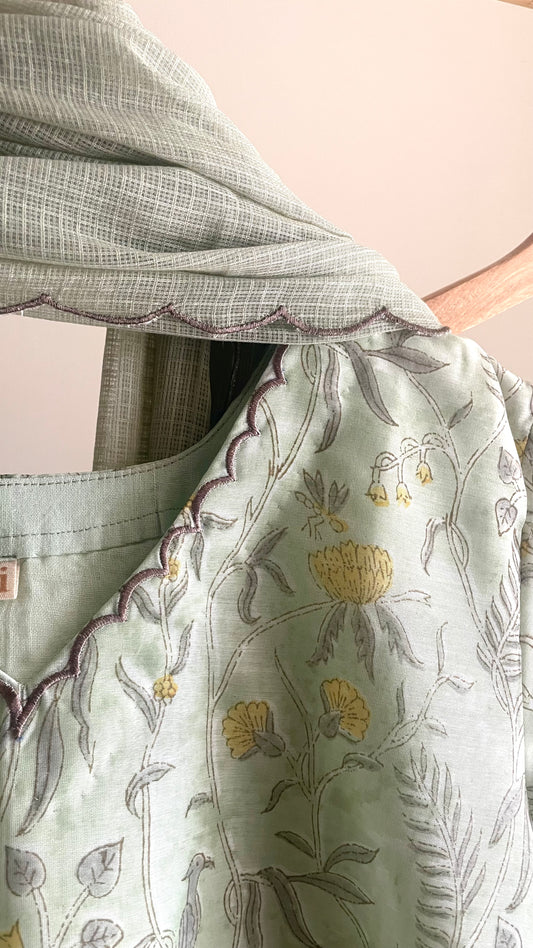 Fog Green Handblock Printed Chanderi