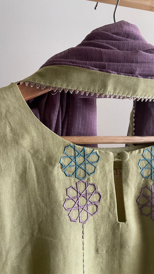 The Sage Green Embroidery Kurta Suit with Lavender dupatta