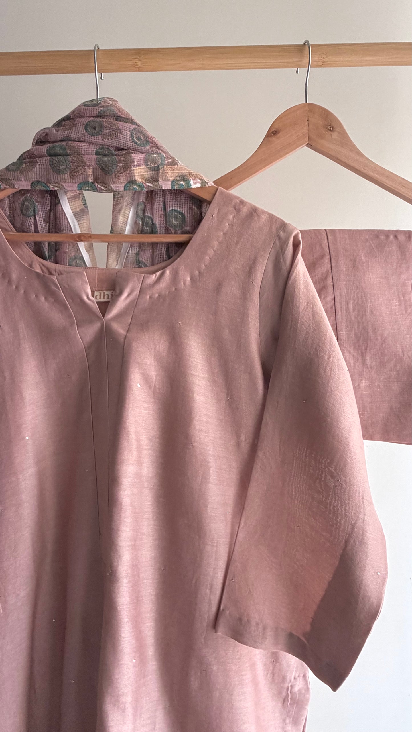 Dusty Rose Mukaish Chanderi Kurta Set with Hand-Block Print Dupatta