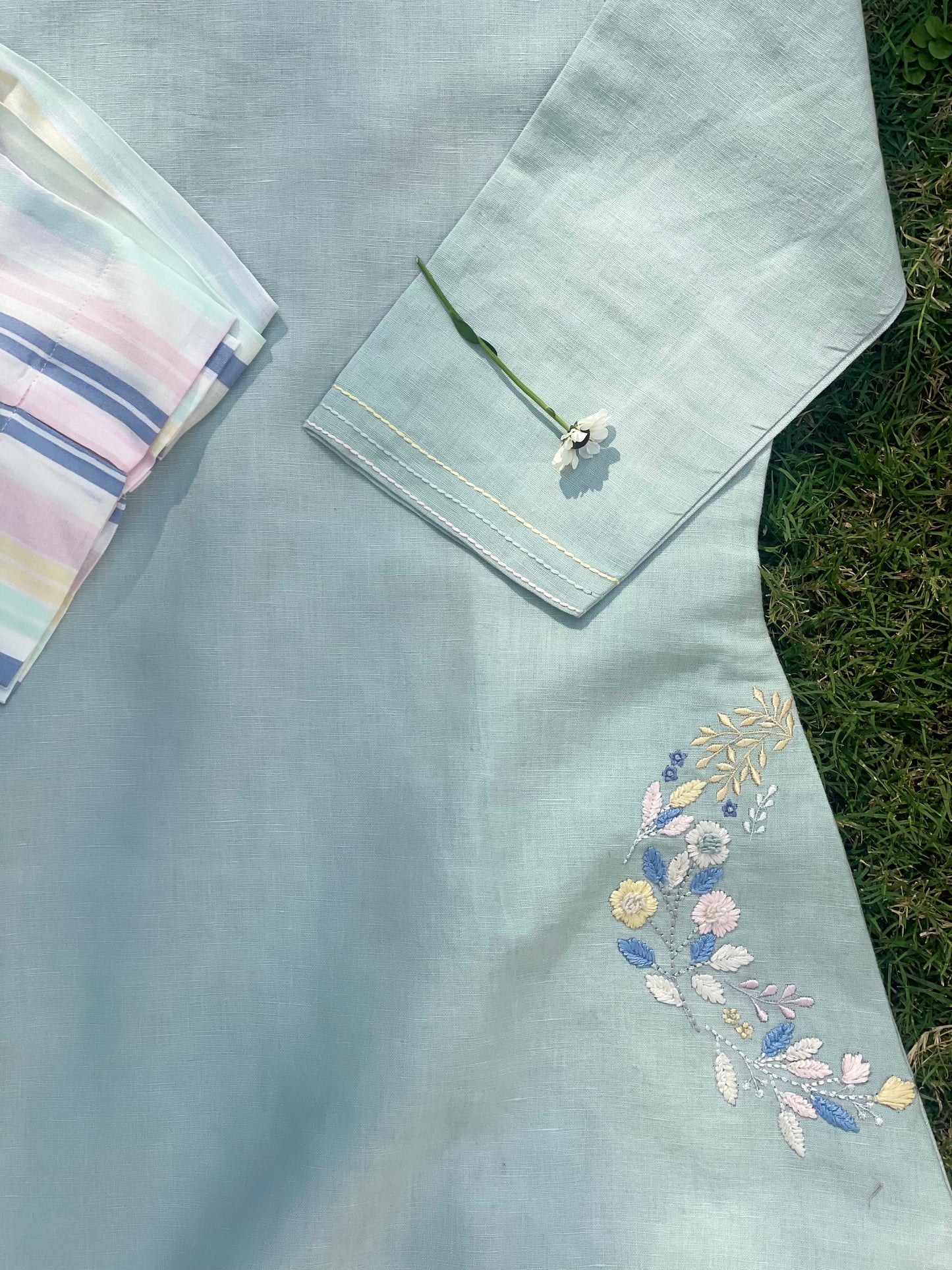 Sky Blue Cotton Linen suit with Floral Thread Embroidery