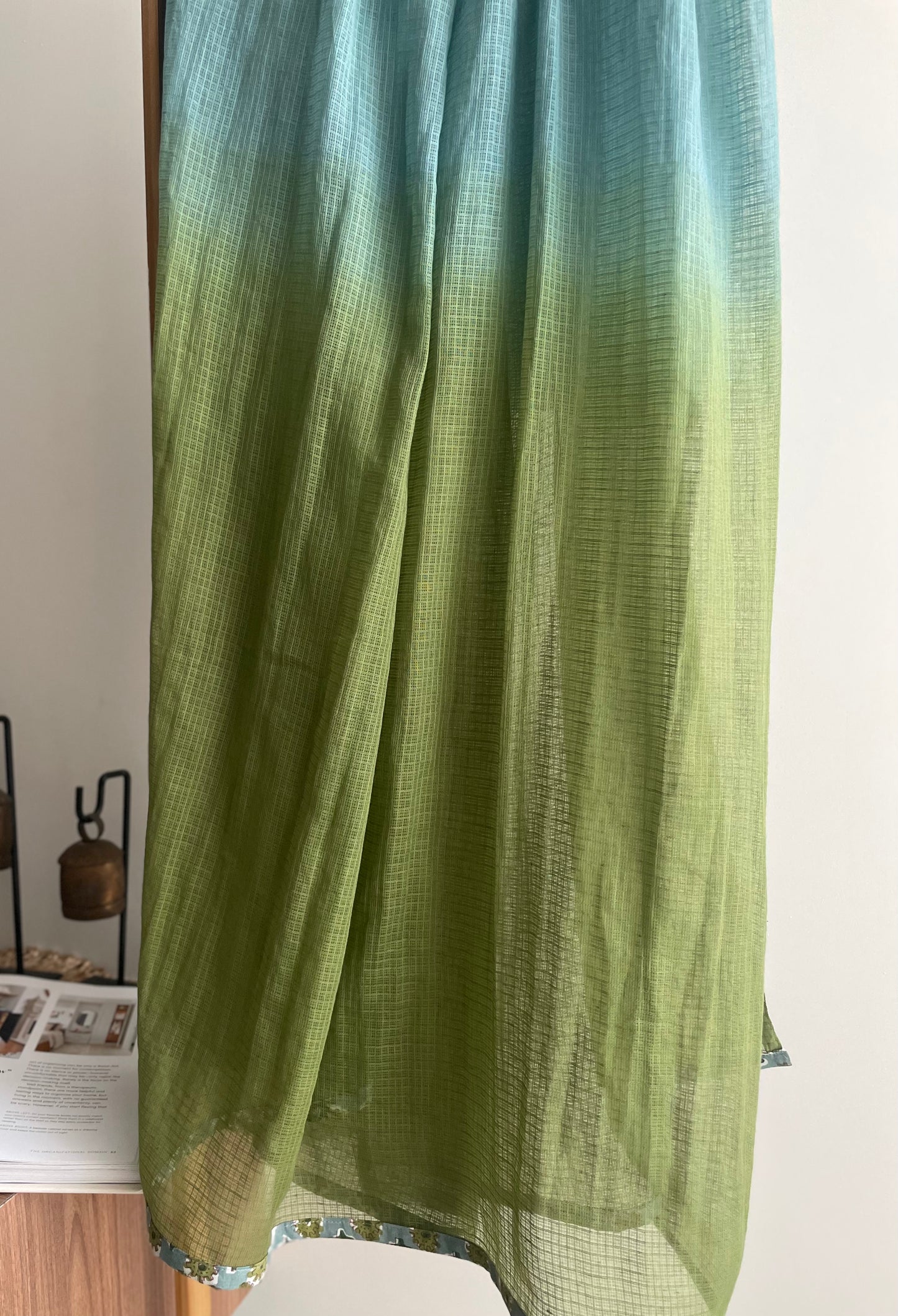 Green Floral Print Cotton Suit with Thread Embroidery and Potli Buttons