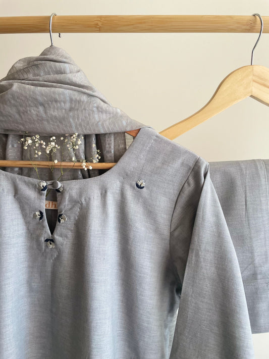 Premium Grey Cotton Linen Kurta with Intricate Floral Thread Work
