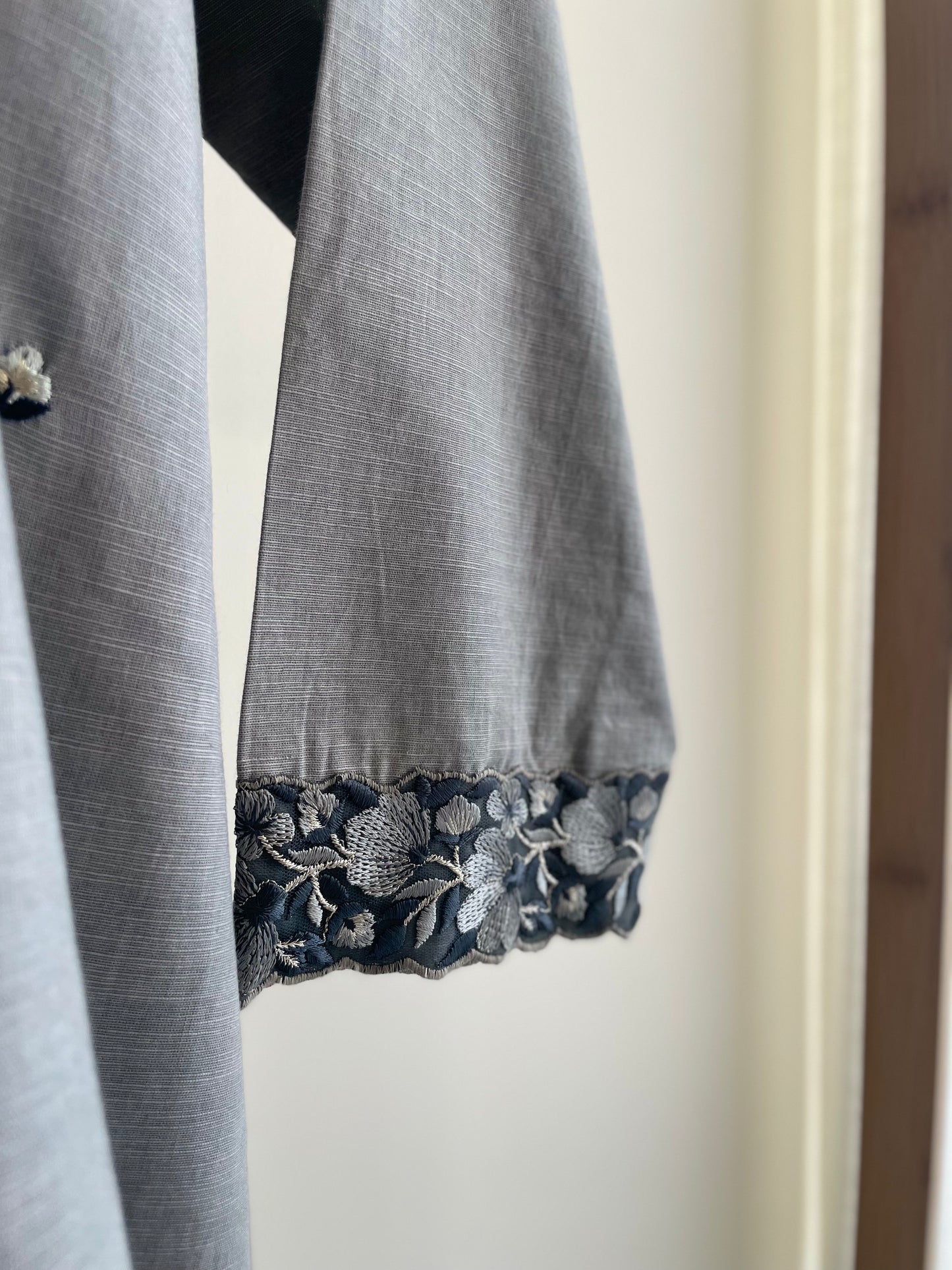 Premium Grey Cotton Linen Kurta with Intricate Floral Thread Work