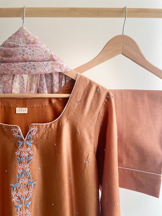 Copper Color suit with Floral Thread Embroidery