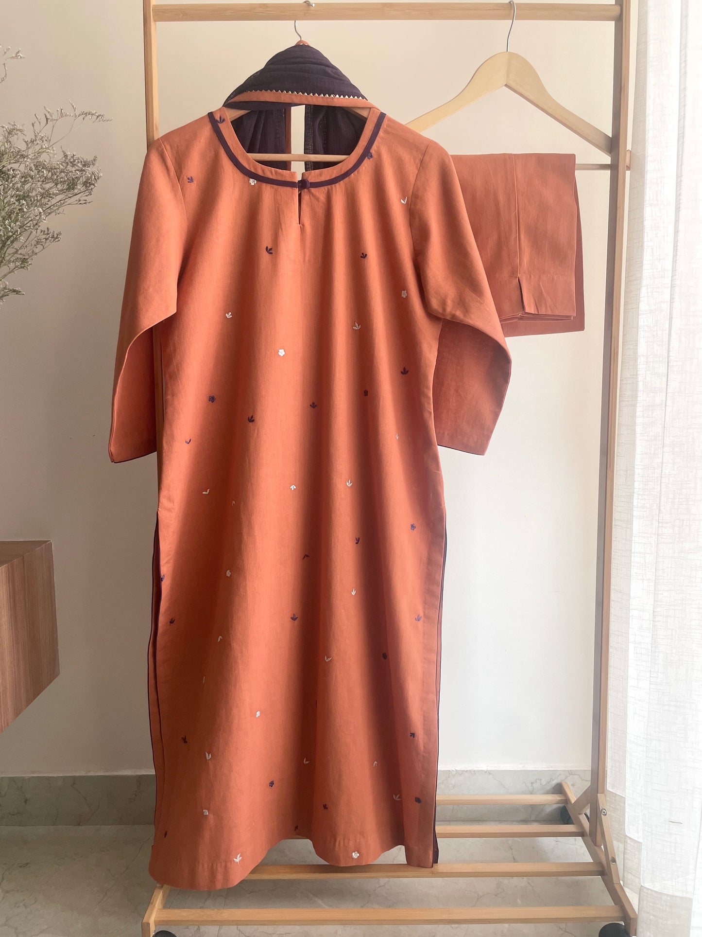 Premium Matt Flame Cotton Embroidered Suit with All-Over Thread Work