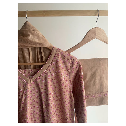Beige Handblock Printed Suit Set