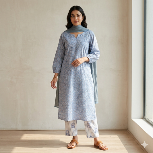 Sky Blue Floral & Stripe Hand-Block Suit Set