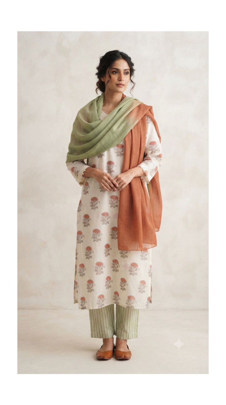 Butti & Green Stripe Hand block Printed Set