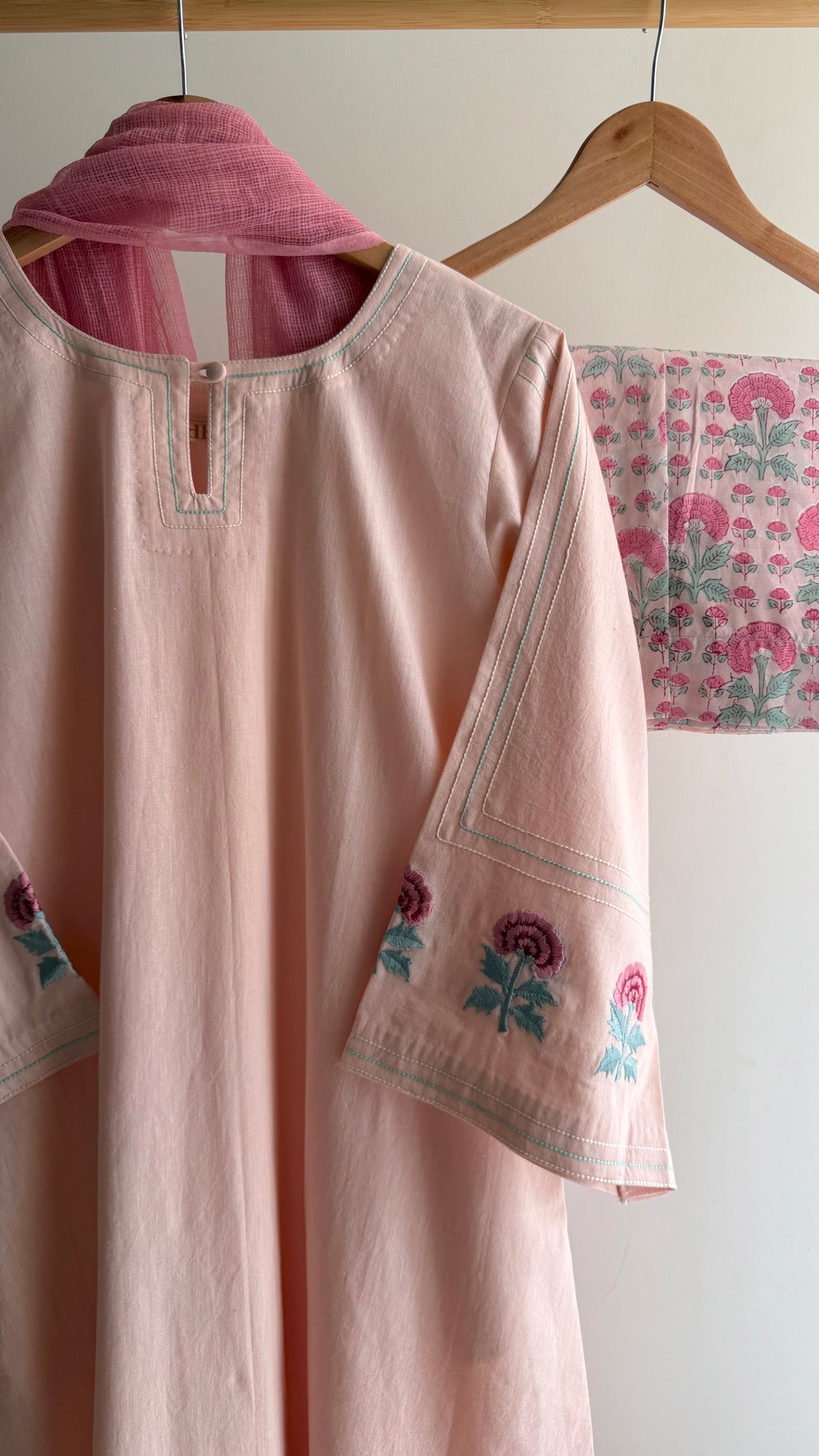 Blush Bloom A-line bell sleeve Set with Handblock Printed wide-leg Pant