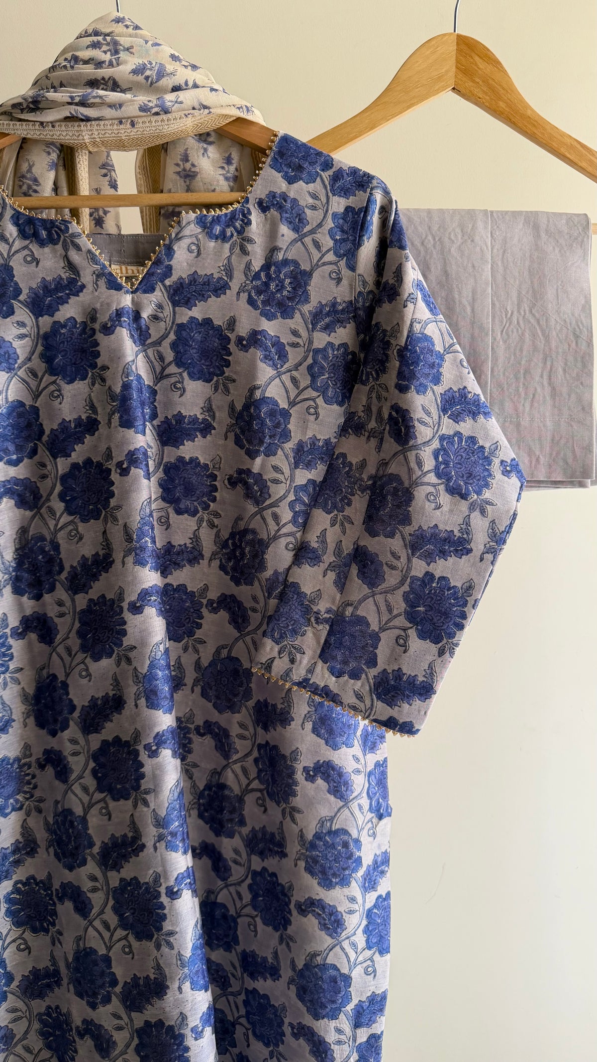 Dusty Blue Handblock Printed Maheshwari Silk Set