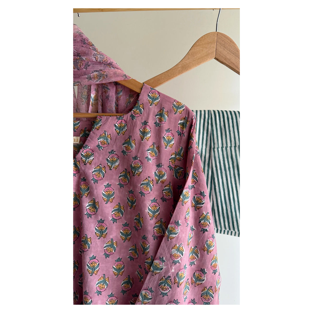 Mauve Butti & Green Stripe Hand block Printed Set