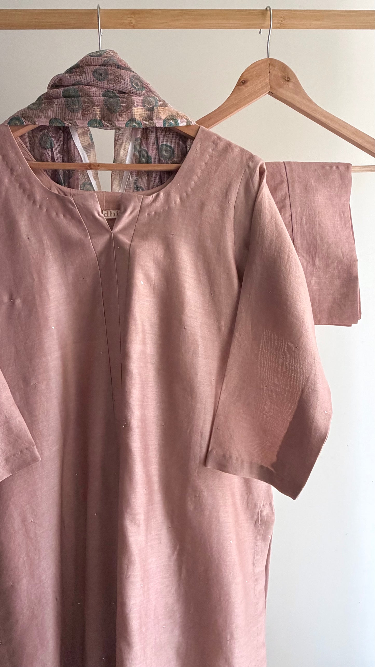 Dusty Rose Mukaish Chanderi Kurta Set with Hand-Block Print Dupatta