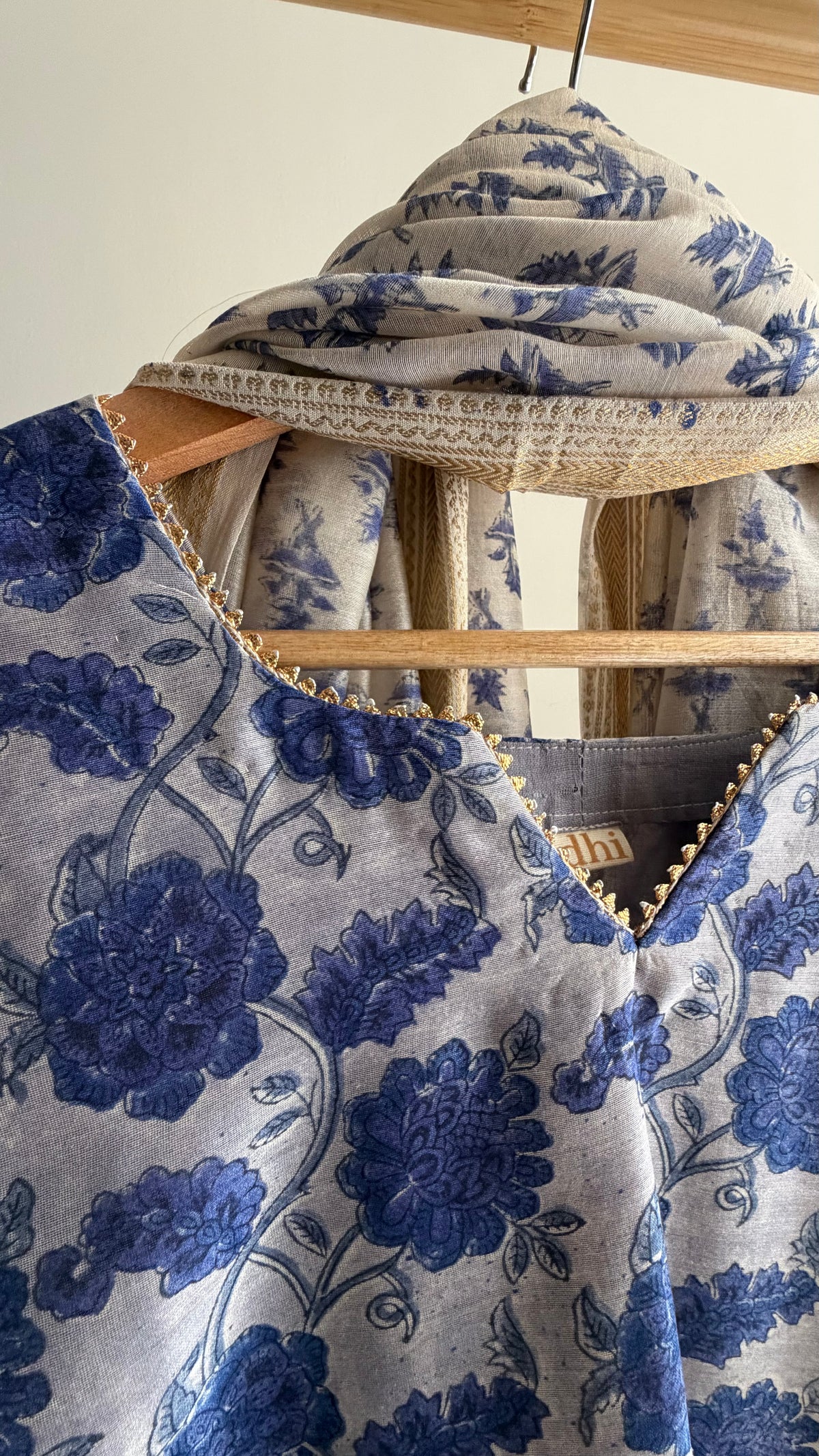 Dusty Blue Handblock Printed Maheshwari Silk Set
