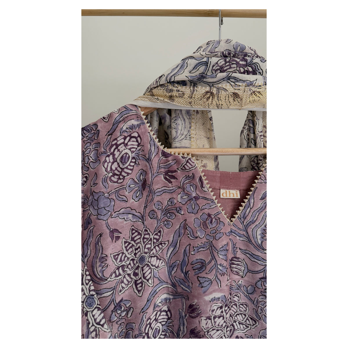 Mauve Handblock Printed Maheshwari Silk Set