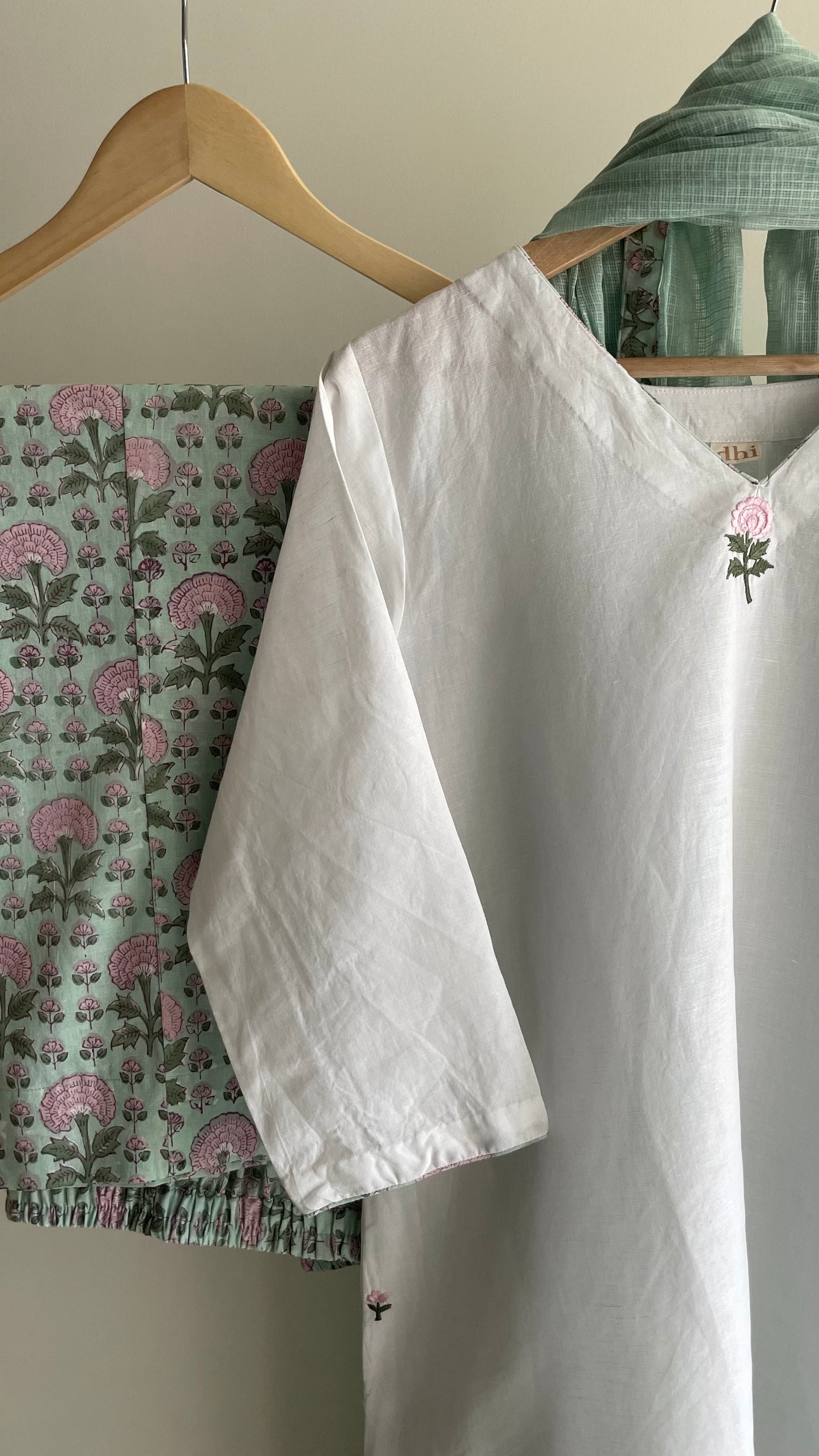 White Linen Kurta Set with Hand-Block Printed Pants
