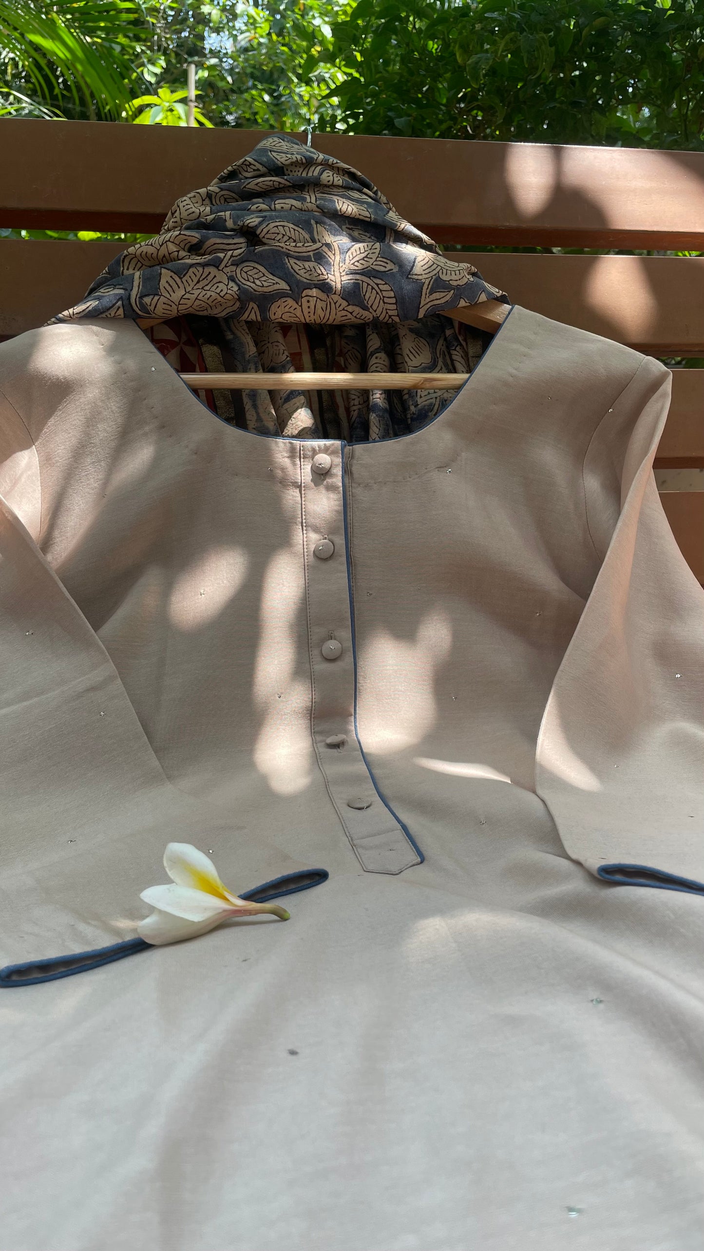 Beige Mukaish Chanderi Kurta Set | Ajrakh Dupatta