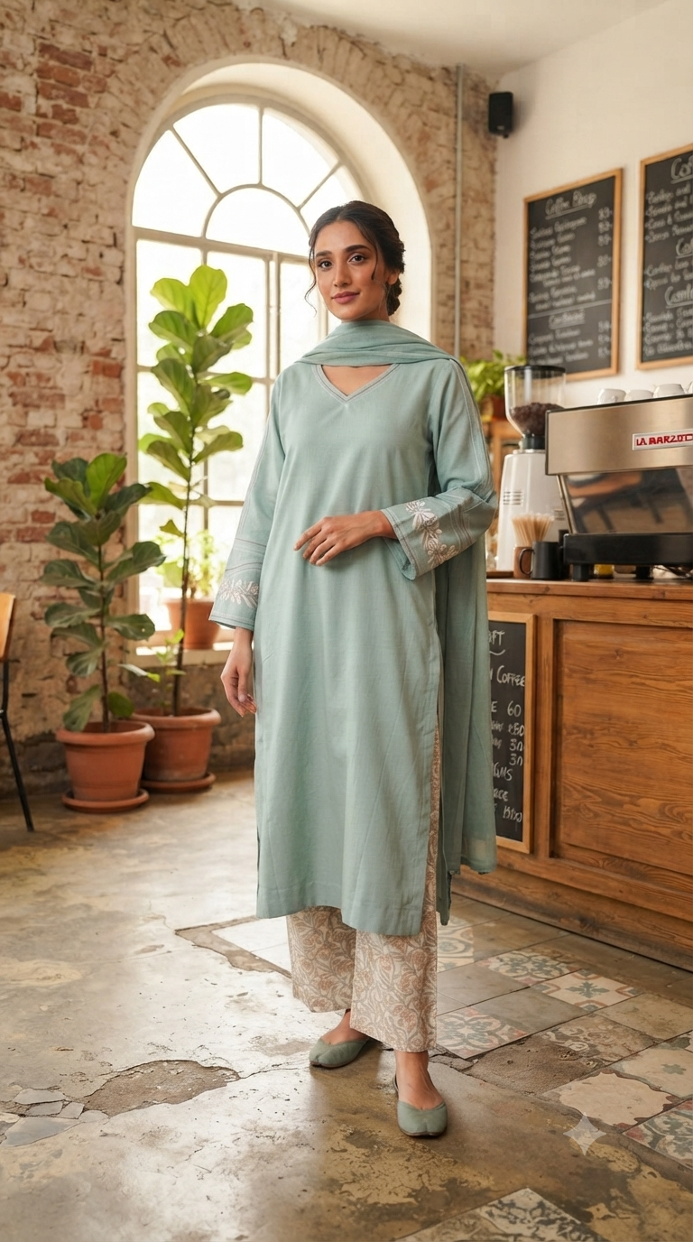 Aqua A-line bell sleeve Set with Handblock Printed wide-leg Pant