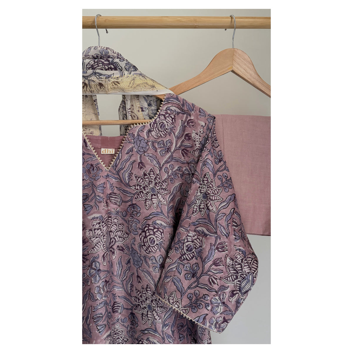 Mauve Handblock Printed Maheshwari Silk Set