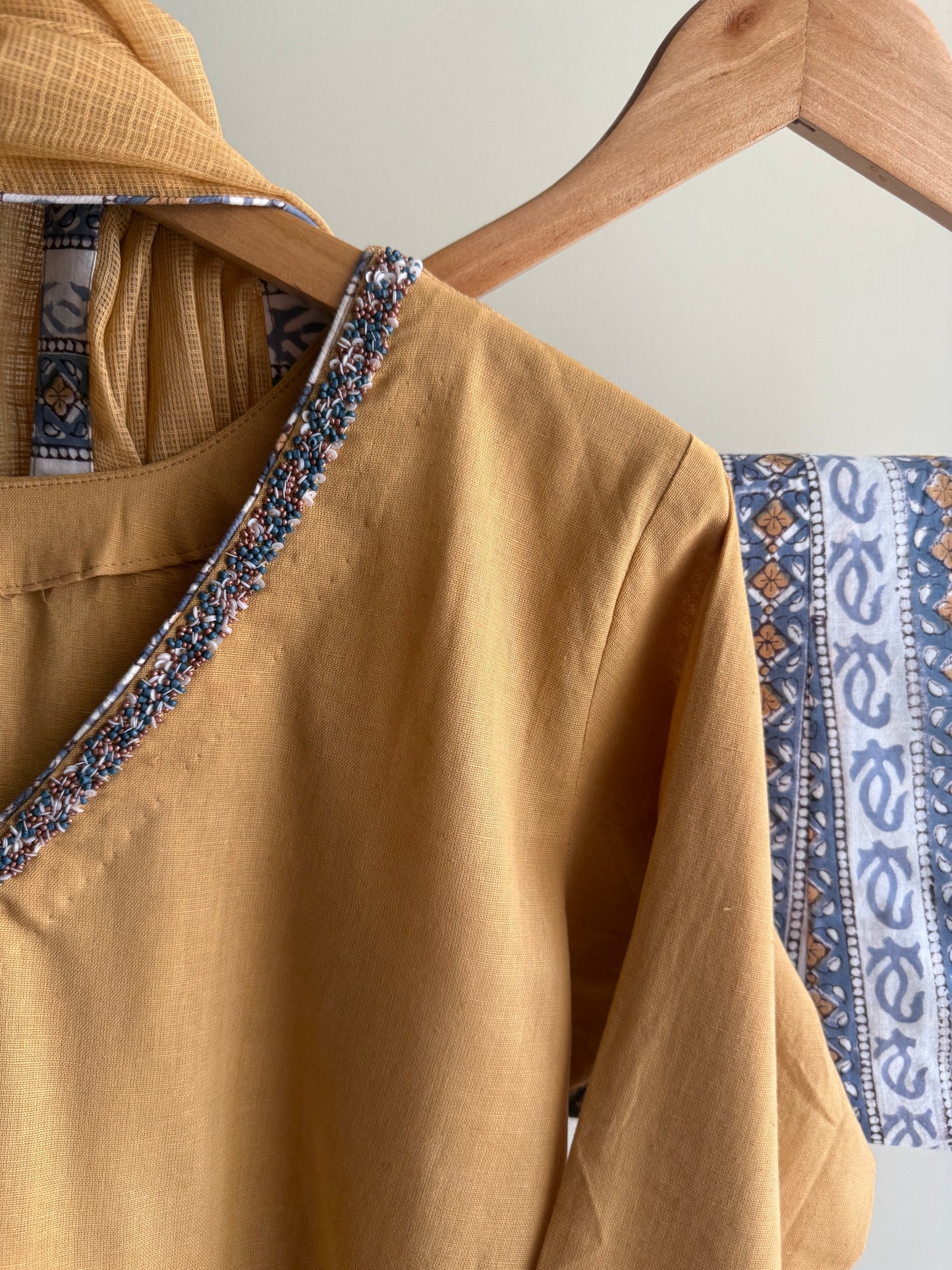 Mustard Yellow Gathered Tunic Set with Handblock Printed Pant