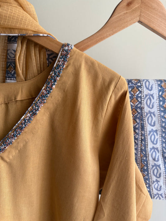 Mustard Yellow Gathered Tunic Set with Handblock Printed Pant