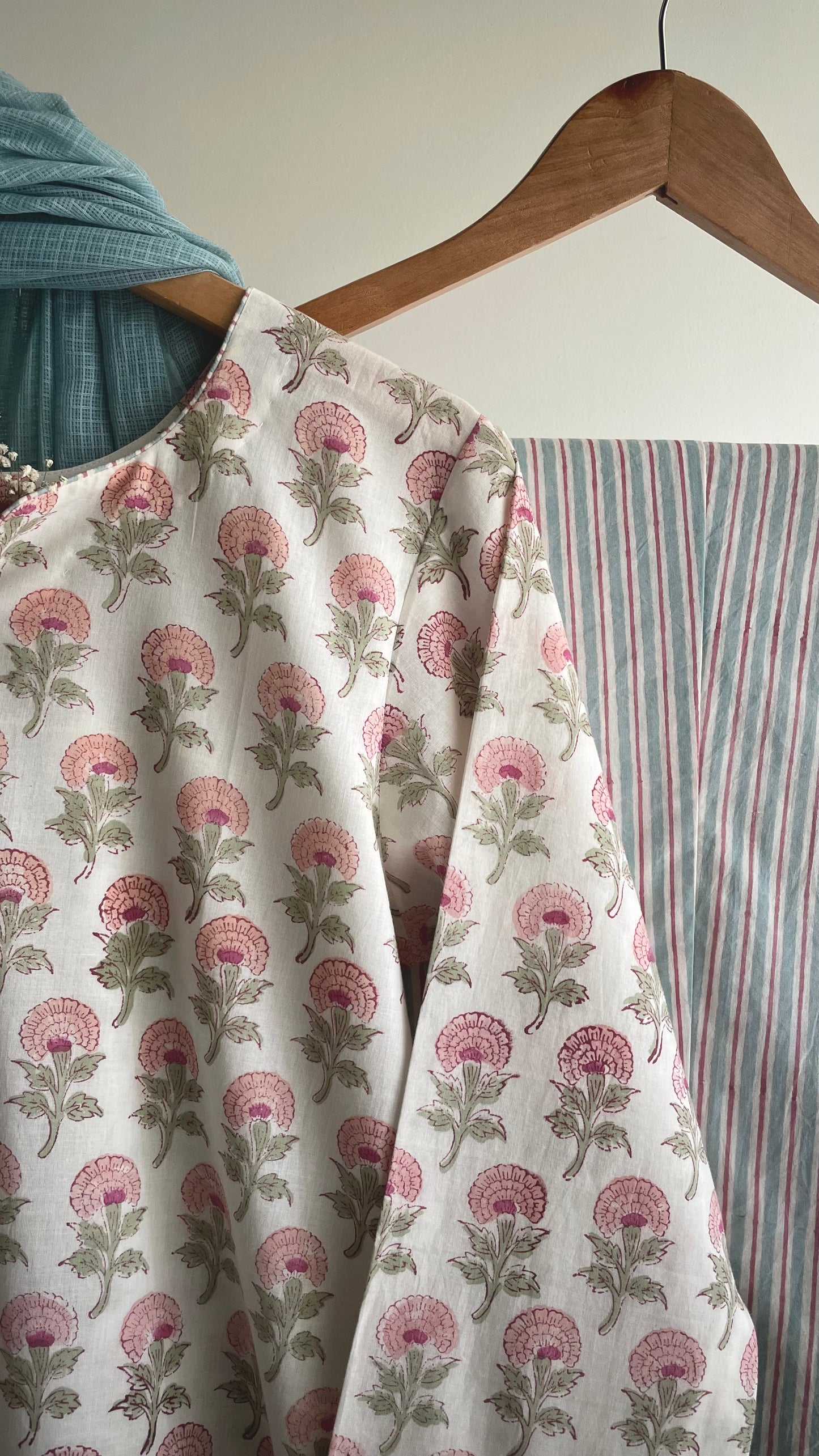 Blossom Blue & Pink Hand-block Printed Suit Set