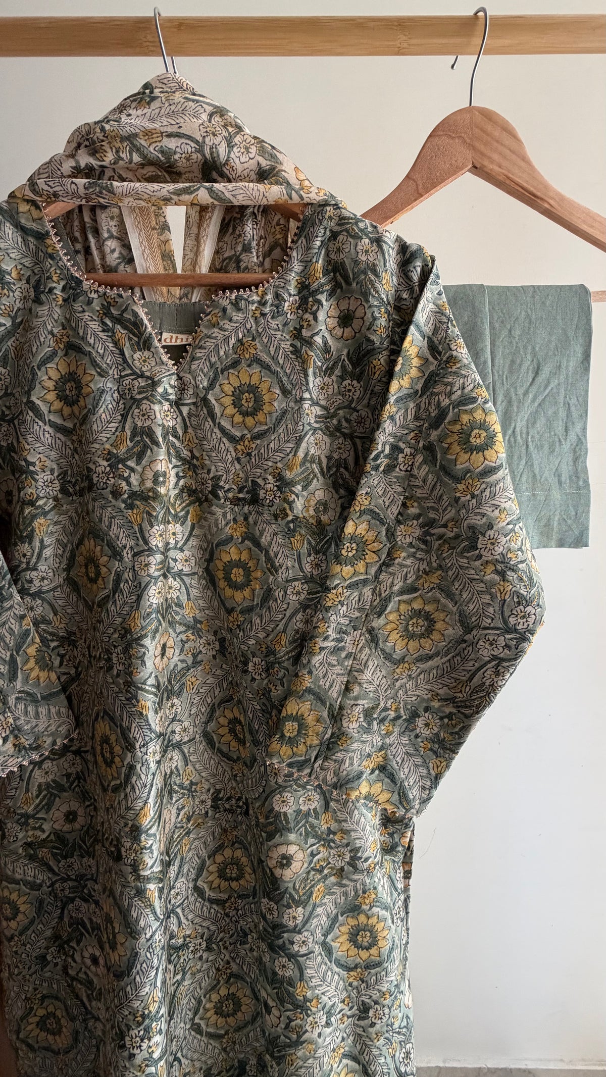Sage Green Handblock Printed Maheshwari Silk Set