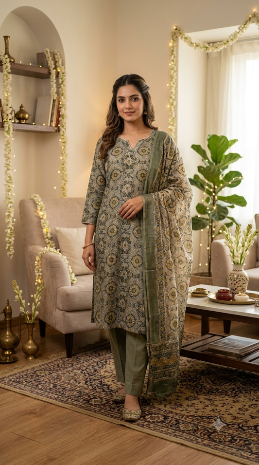 Sage Green Handblock Printed Maheshwari Silk Set