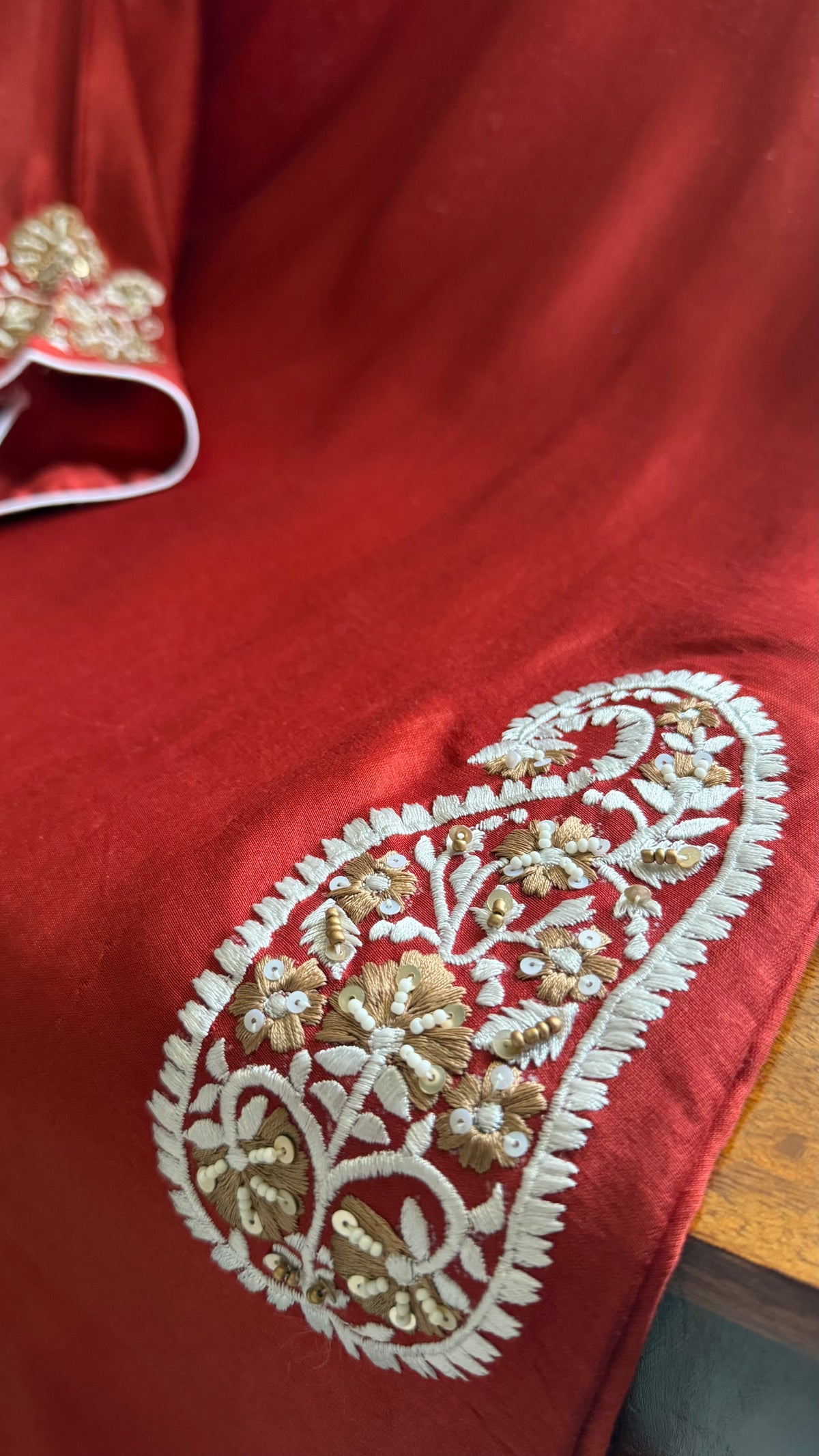 Rich Red Embroidered A-line Chanderi Set