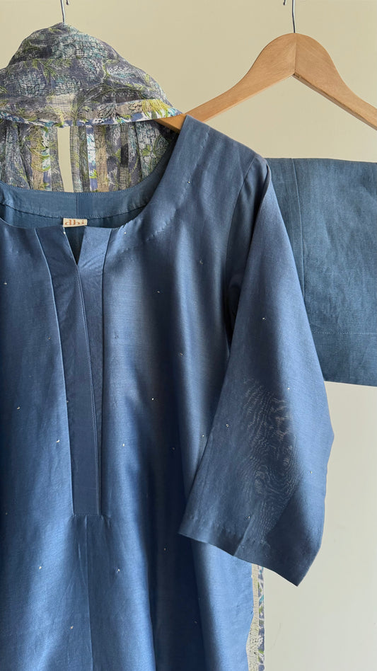 Midnight Blue Mukaish Chanderi Kurta Set with Hand-Block Print Dupatta