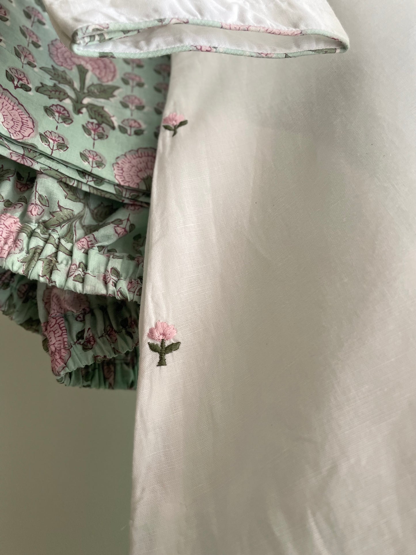 White Linen Kurta Set with Hand-Block Printed Pants