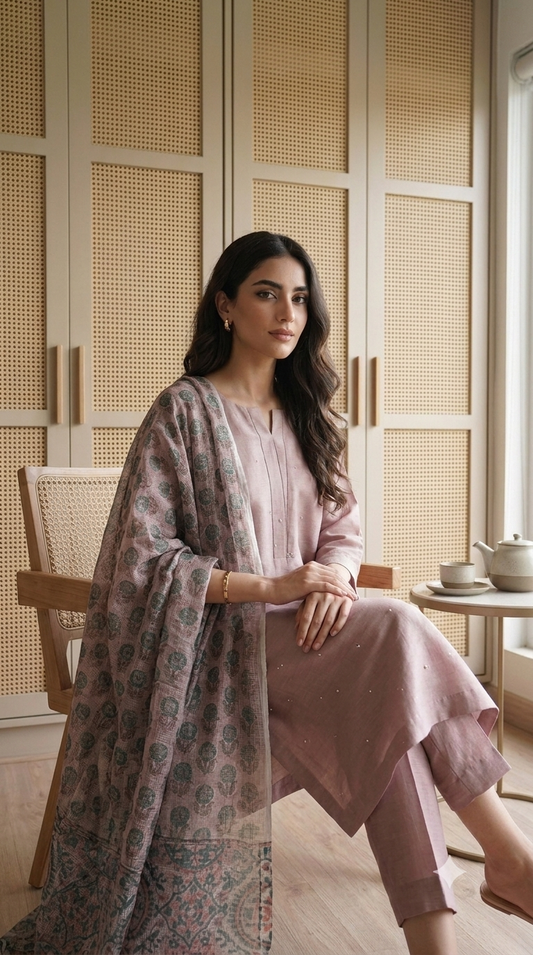 Dusty Rose Mukaish Chanderi Kurta Set with Hand-Block Print Dupatta