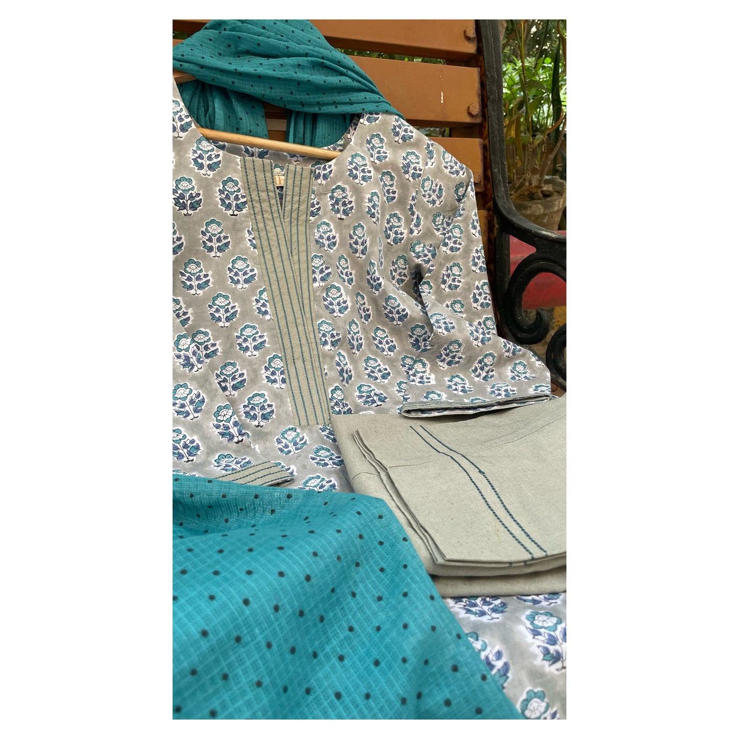 The Grey and Teal Flora HandBlock-Print Kurta Set