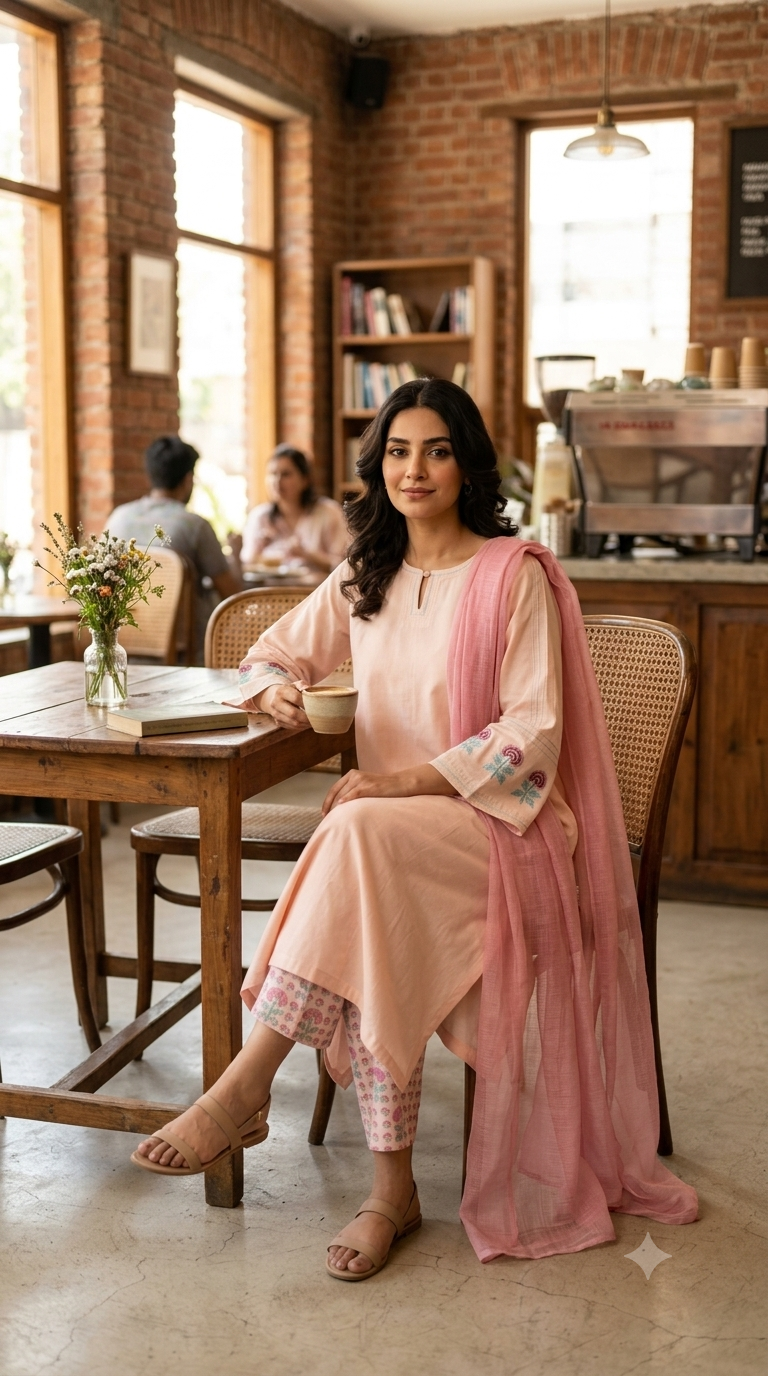 Blush Bloom A-line bell sleeve Set with Handblock Printed wide-leg Pant