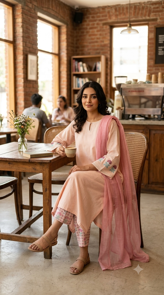 Blush Bloom A-line bell sleeve Set with Handblock Printed wide-leg Pant