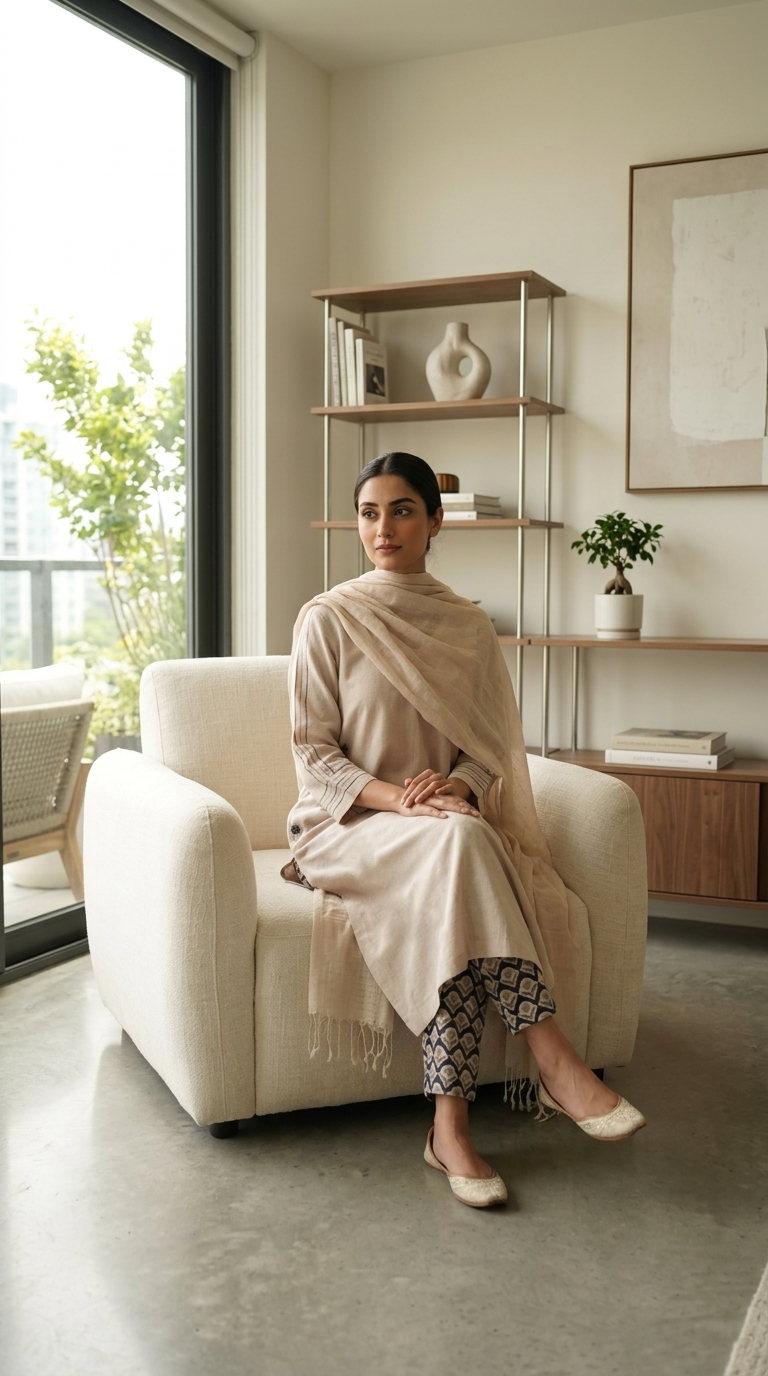 Beige & Black A-line with Handblock Printed Pant Set
