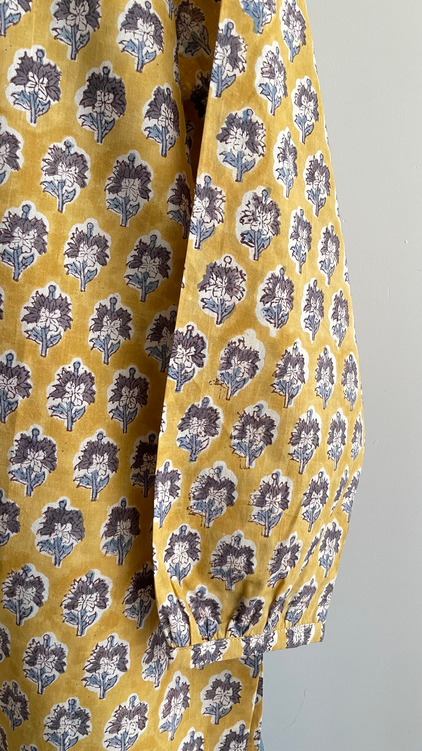 Mustard Yellow Hand-Block Printed Cotton Kurta Set with Slate Blue Dupatta