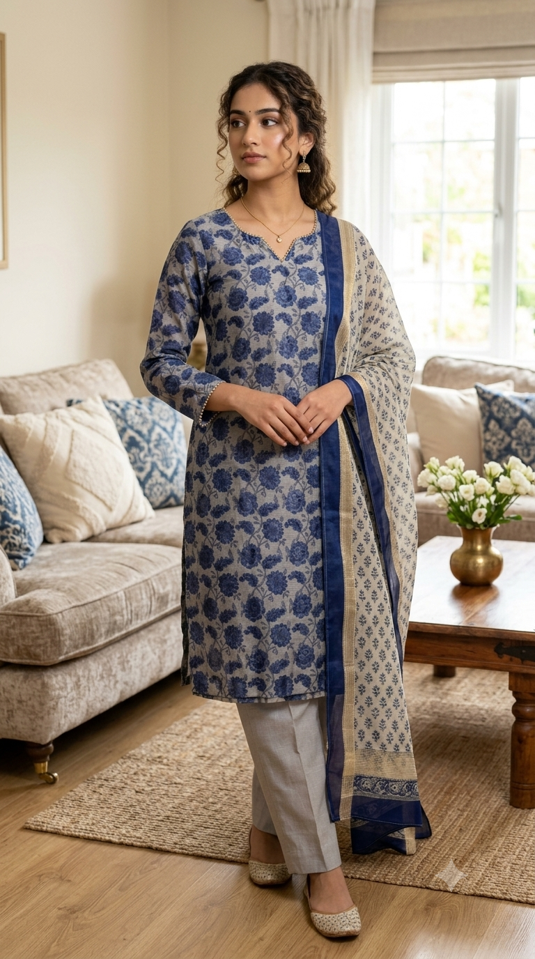 Dusty Blue Handblock Printed Maheshwari Silk Set