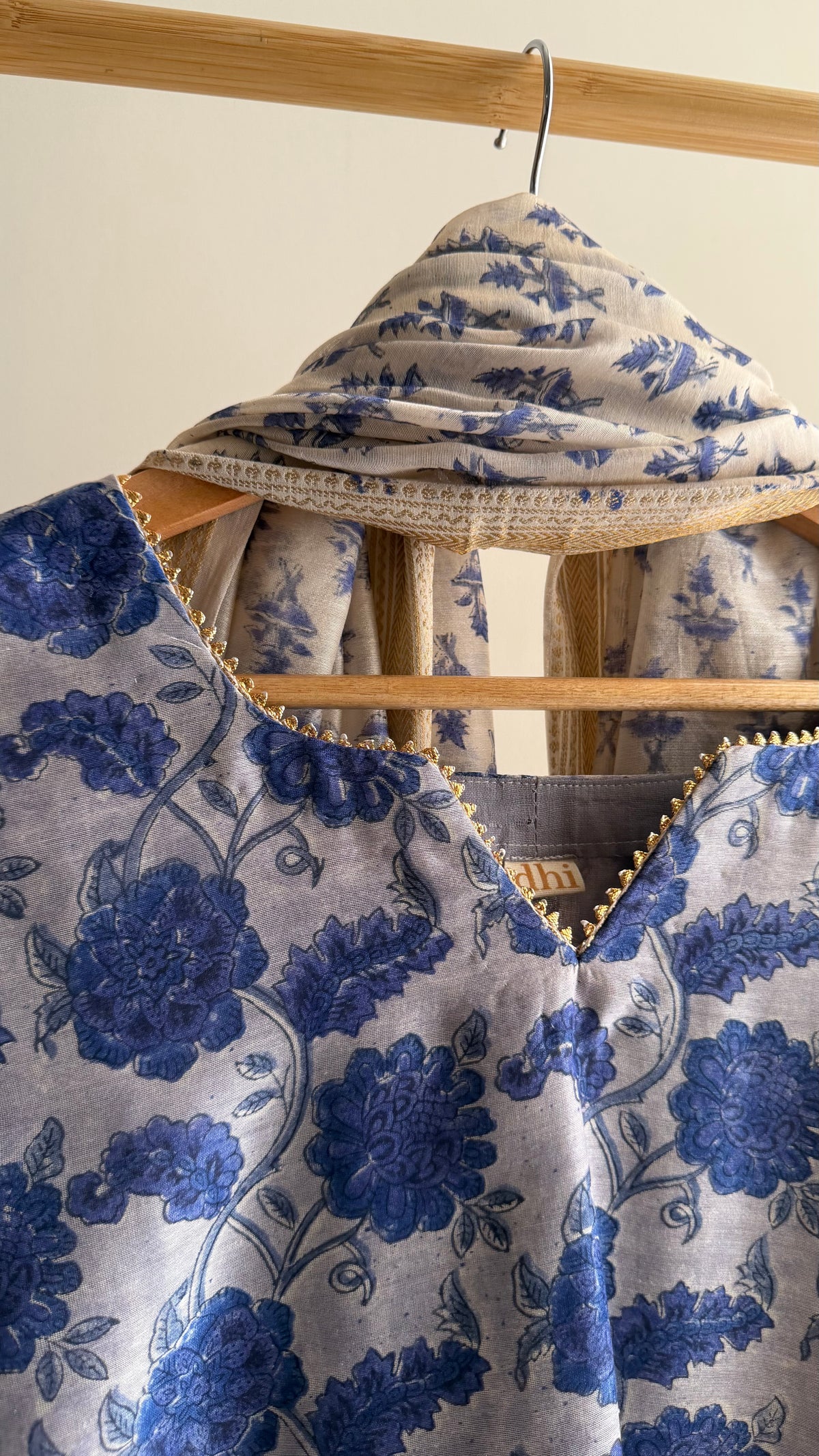 Dusty Blue Handblock Printed Maheshwari Silk Set
