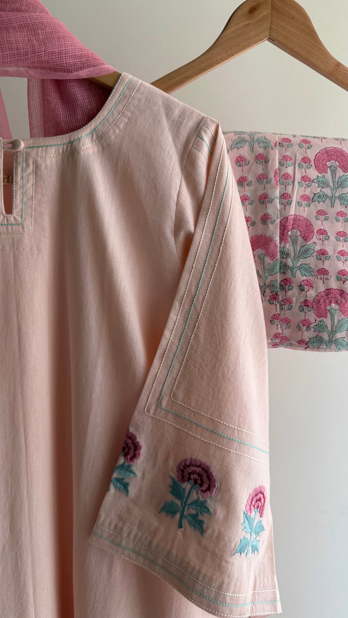 Blush Bloom A-line bell sleeve Set with Handblock Printed wide-leg Pant