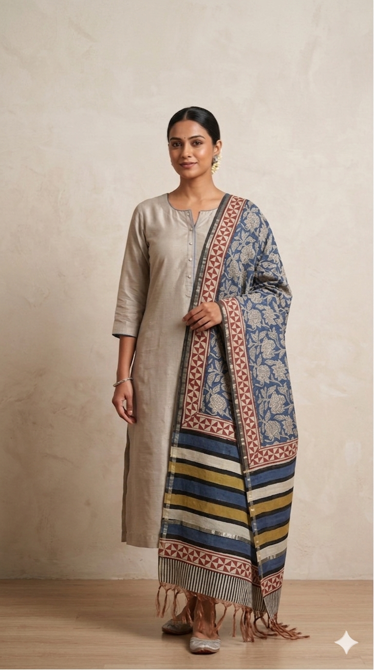 Beige Mukaish Chanderi Kurta Set | Ajrakh Dupatta