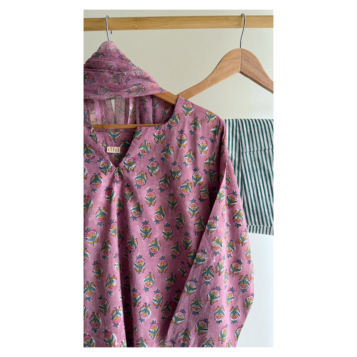 Mauve Butti & Green Stripe Hand block Printed Set