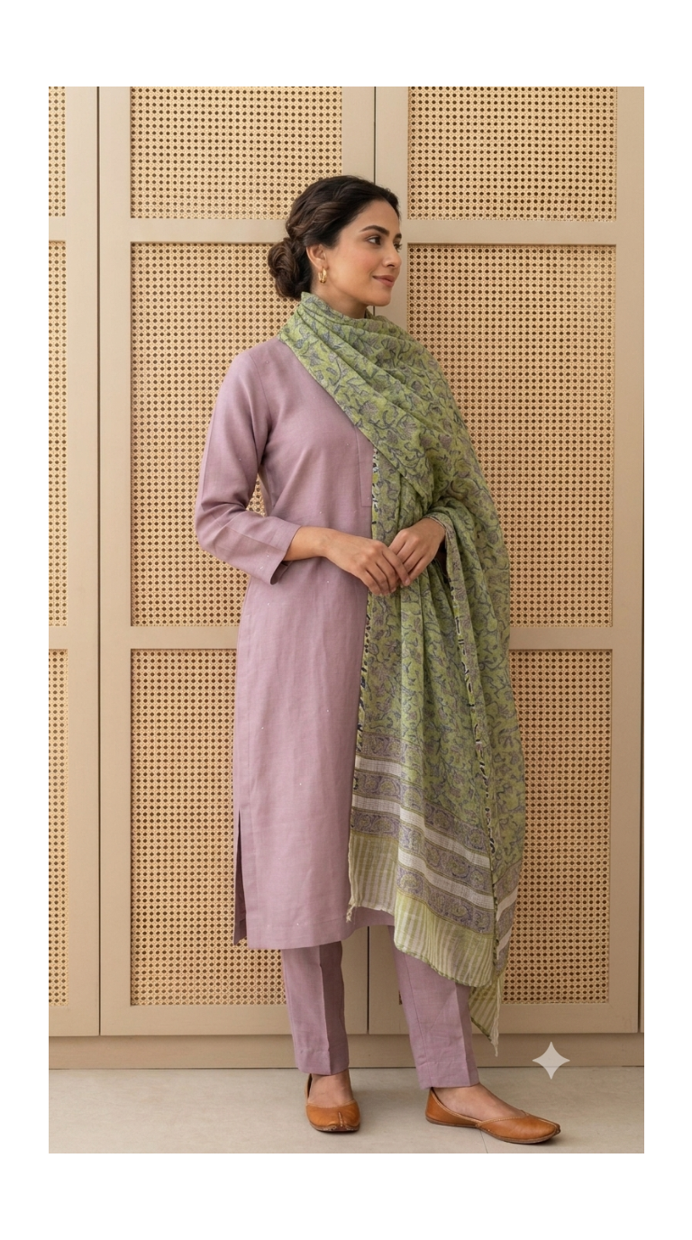 Lilac Mukaish Chanderi Kurta Set with Hand-Block Print Dupatta