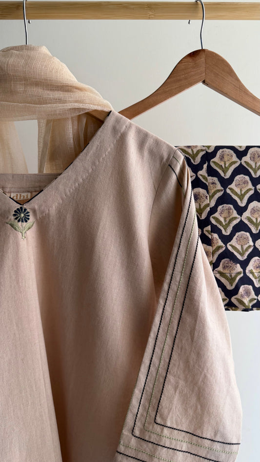 Beige & Black A-line with Handblock Printed Pant Set