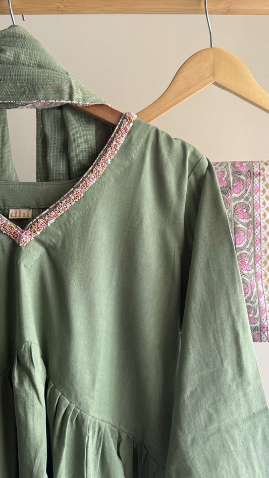Sage Green Gathered Tunic Set with Handblock Printed Pant