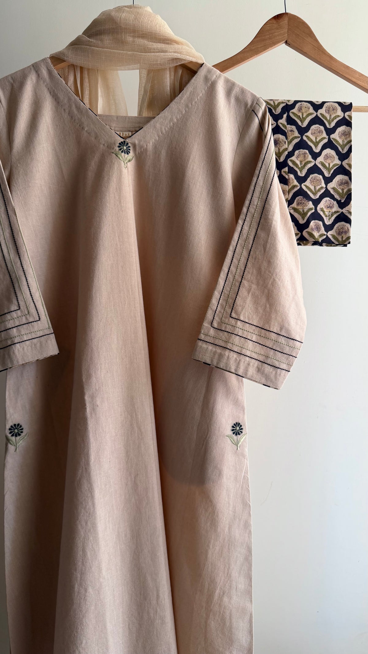 Beige & Black A-line with Handblock Printed Pant Set