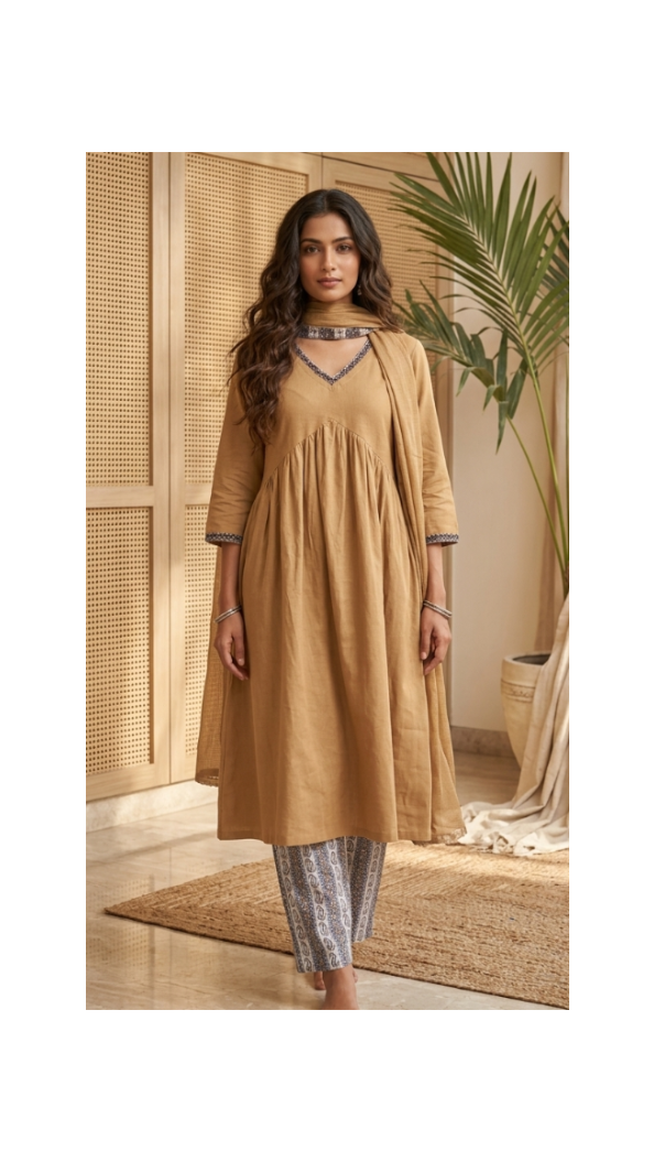 Mustard Yellow Gathered Tunic Set with Handblock Printed Pant